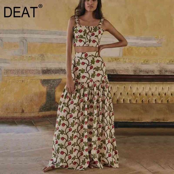 

[deat] spring fashion women sqaure collar sleeveless printed and high waist long halfbody skirt two pieces set wr362803l 210428, White