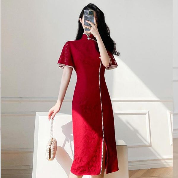 

ethnic clothing burgundy formal party dress gown flower cheongsam flare sleeve mandarin collar qipao pearl high split mid-length vestid, Red