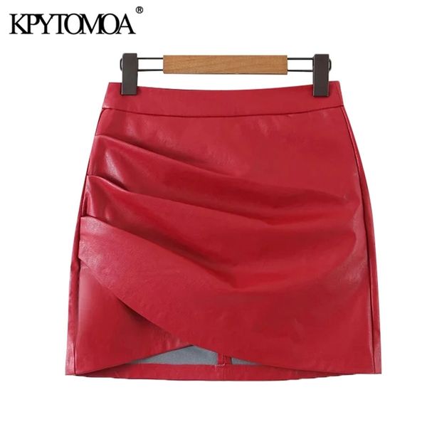 KPytomoa mulheres chique moda faux couro plissado assimétrico mini saia vintage cintura alta volta zíper saias femininas mujer 210629