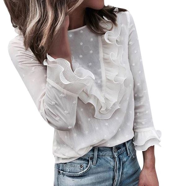 

women's blouses & shirts u-swear women ladies casual ruffles lace polka dot o neck shirt long sleeve blouse blusas mujer de moda 2021, White