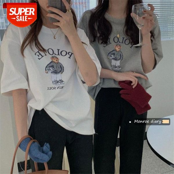 

women's bottoming shirt korean loose print white t-shirt new wear with brushed gray short-sleeved #kq5e