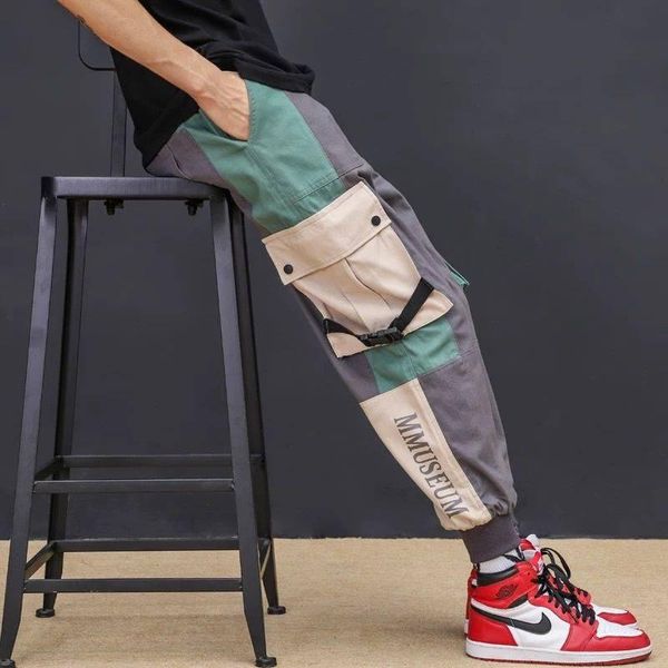 

men streetwear hip hop cargo pants color block mens fashions sweatpants baggy joggers casual patchwork men's, Black