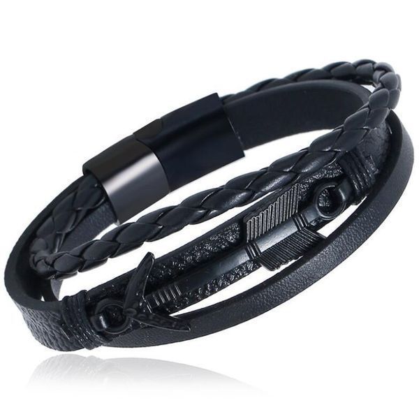 

charm bracelets punk men women jewelry black weave leather bracelet arrow chain stainless steel magnetic clasp handmade bangle fashion wrist, Golden;silver