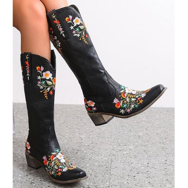 

boots bonjomarisa brand design pointed toe floral embroidery chunky heel mid calf western vintage riding, Black