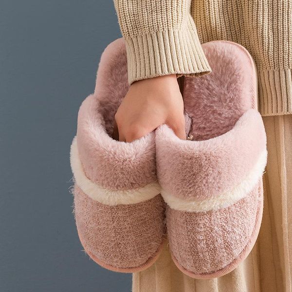 

winter couple fur shoes solid home bedroom women slipers cotton plush warm comfortable indoor furry slippers, Black