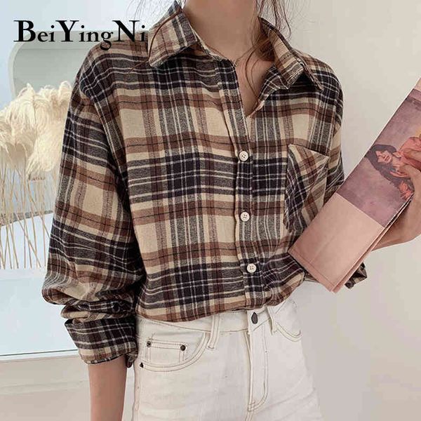 

beiyingni plaid shirt women vintage buttons casual spring autumn long sleeve blouses female korean streetwear blusas chic 210416, White