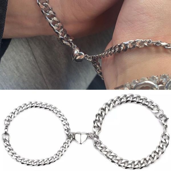 

link, chain 2pcs heart shaped magnet attraction bracelet for couple stainless steel cuba men's and women's charm lover jewelry gif, Black