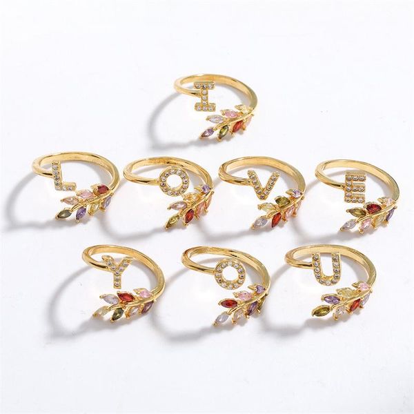 

wedding rings a-z letter micro-inlaid zircon flower copper ring fashion creative couple for men women finger party jewelry, Slivery;golden
