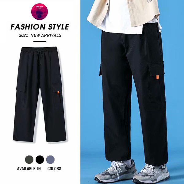 

men's pants summer hip hop fashion streetwear jogger straight trousers men casual clothing elastic waist cargo, Black