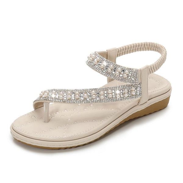 

wedding women sandals flat summer crystal diamond big size plus slip on bridal white wide fit bling pearl toe ring shoes, Black