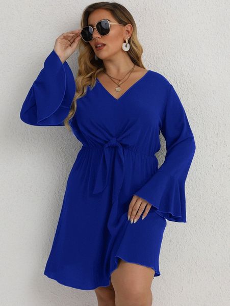 

plus solid knot front flounce sleeve dress m6o4#, Black