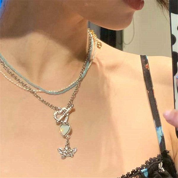 

pendant necklaces vintage heart little angel ot buckle short chain light blue rice grain necklace stacking small pearl clavicle for women, Silver