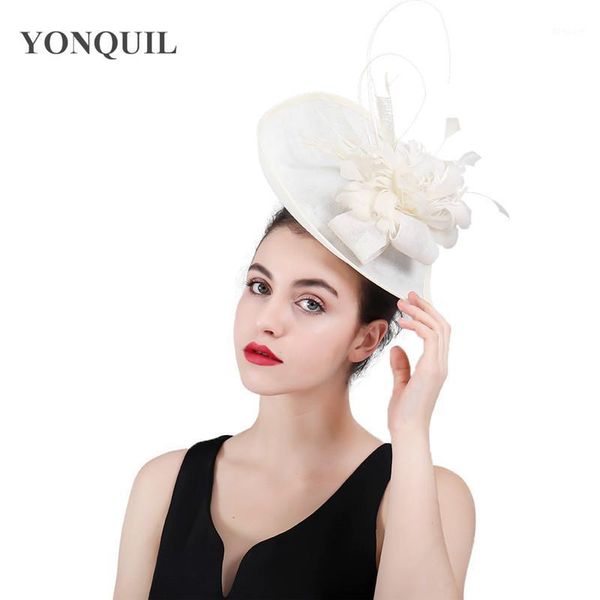 

fashion ladies beige imitation sinamay hat bridal derby pillbox hats with feather flower women wedding hair accessories syf4081