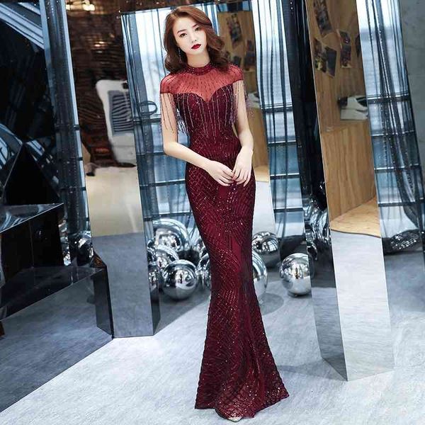 

red evening dress female 2021 summer new banquet temperament long annual meeting host fishtail aura queen, White;black