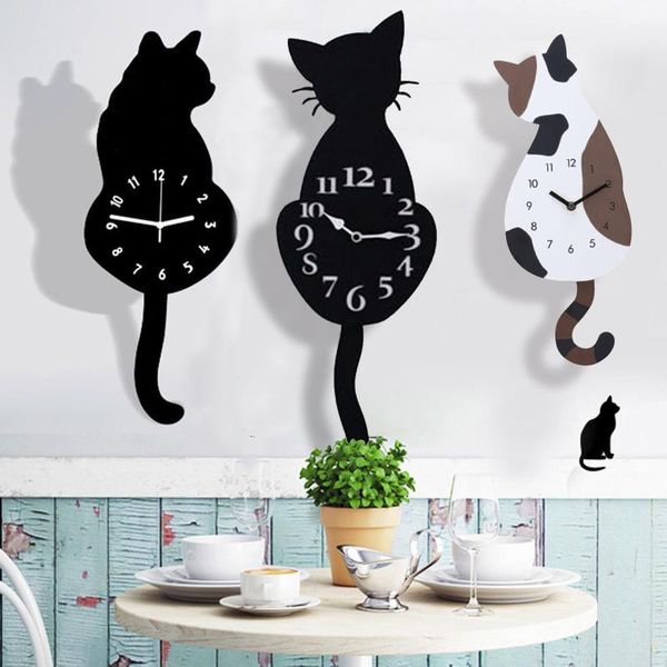 

swinging cat tail wall clock acrylic kitten timekeeper sticker 12 hours needle display time reminder clocks