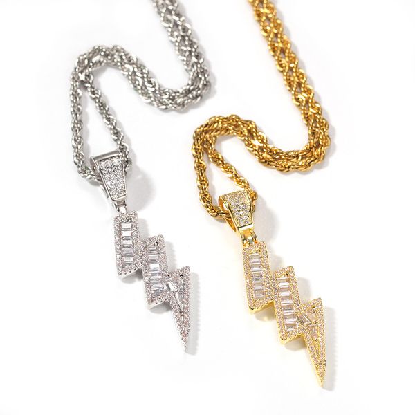 

iced out pendant necklaces double lightning mens gold necklace fashion hip hop jewelry, Silver