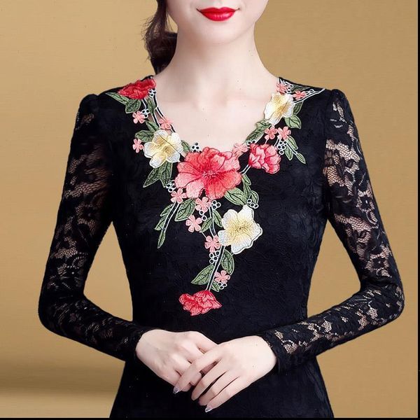 

womens spring autumn style blouse shirt slim hollow out embroidery o neck printed long sleeve lace, White