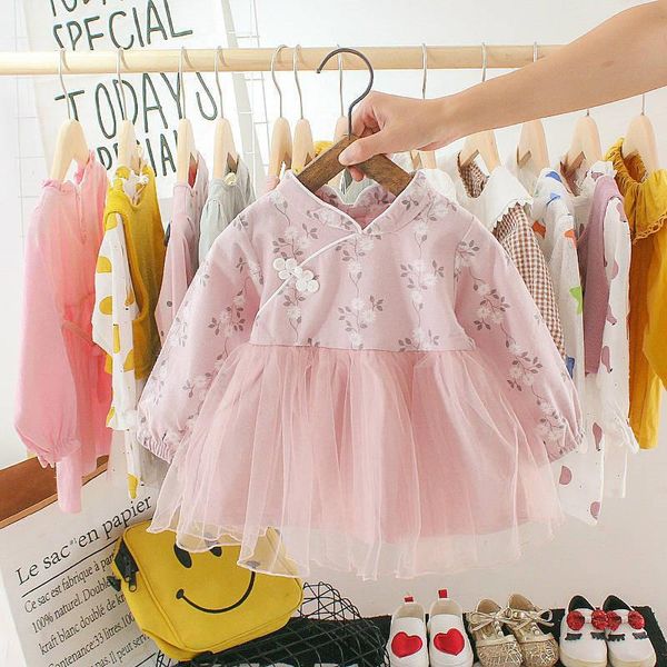 

girl's dresses chinese style dress for 0-3 years old girl floral mesh gauze spring autumn long-sleeved clothes pink/yellow toddlers clo, Red;yellow