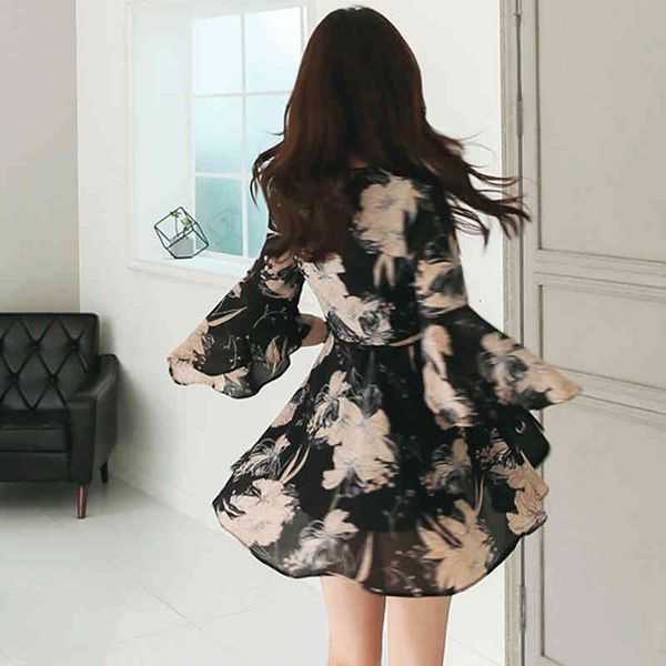 

dresses korean chic women's 2021 flared sleeves lace-up vintage a-line es ol elegant work wear business vestidos, Black;gray