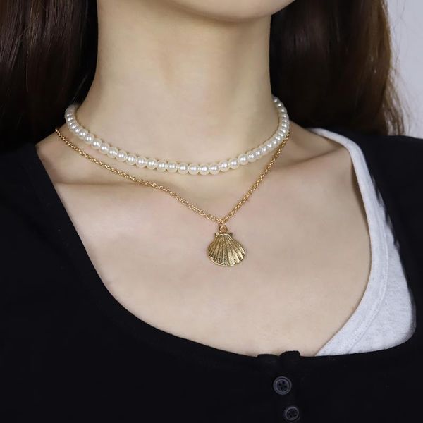 

chokers fashion personality scallop handmade beaded necklace feminine temperament pearl shell double set choker gift, Golden;silver