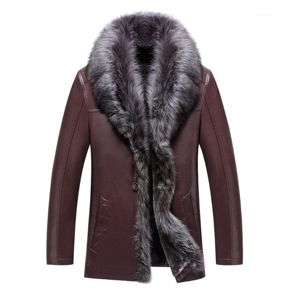 

men's fur & faux big collar thicken warm winter leather coat man, Black
