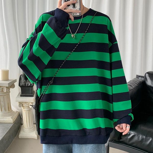 

men's hoodies & sweatshirts pullover hoodie fashion contrast color casual striped men streetwear wild loose o-neck sweatshirt mens m-5x, Black