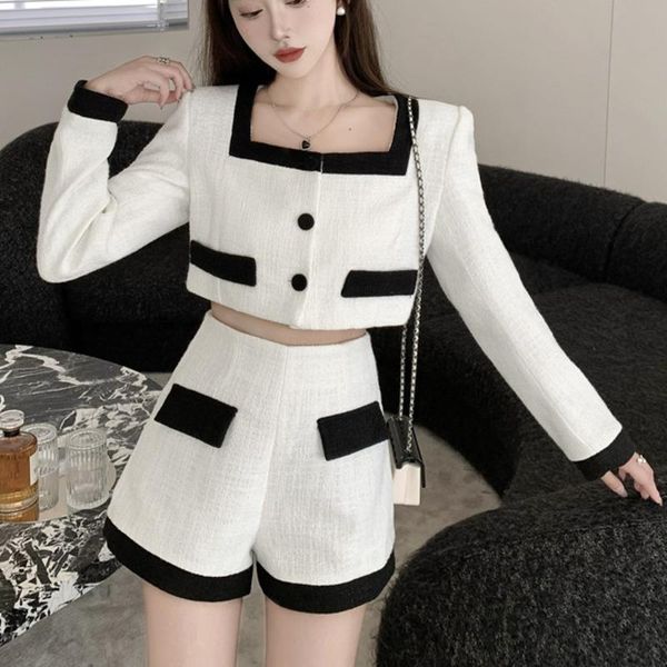 

women's tracksuits autumn vintage tweed 2 piece set women woolen jacket coat + shorts sets small fragrance two pant suits, Gray