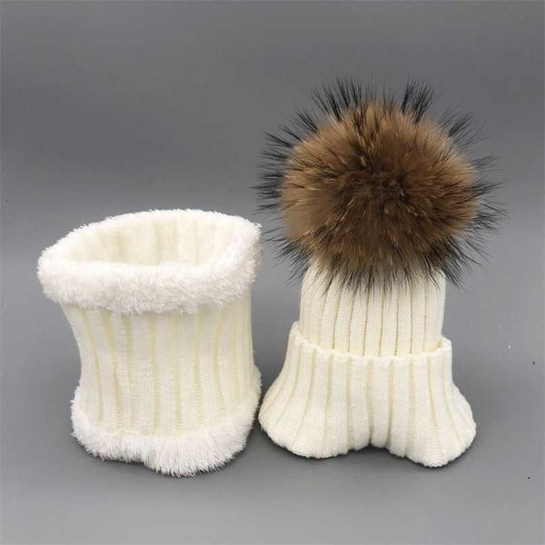 O chapéu do inverno ajustou meninos meninas crianças morno lã lã chapéus de inverno chapéu para crianças bebê 100% pele pompom culares goinhos 211126