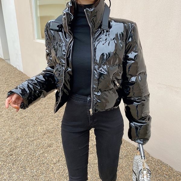 

kimutomo winter warm women thick parkas loose girls fashion outwear chic korean stand collar zipper short shiny coat 210521, Black