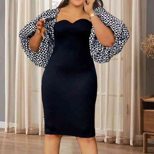 Mulheres Patchwork Bodycon Vestidos Meia Lanterna Luva Preto Joelho Comprimento do Office Lady Eveing ​​Party Wear Bandage Vestes Plus Size XXL 210527