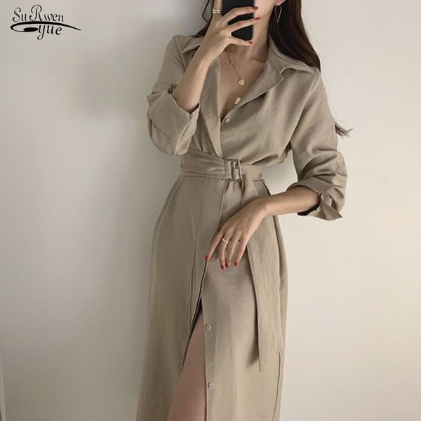 

spring autumn shirts dress for women clothing vintage solid color button plus size female long derss with belt 13889 210508, Black;gray