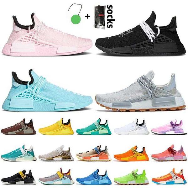 

2021 fashion pharrell women mens running shoes race pink black blue grey trainers nerd hu trail solar pack sneakers with socks tags