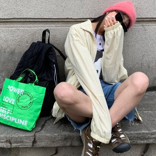 

[nan tao] spring and summer korean version simple loose casual sports jacket women's drawstring zipper sunscreen jackets, Black;brown