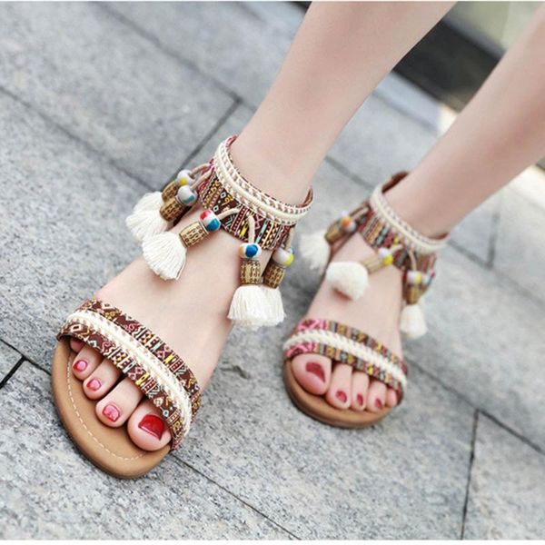 

sandals summer women's sandal folk-custom flat shoes fringe zipper women 2021 open toe ladies roman sandalias mujer, Black