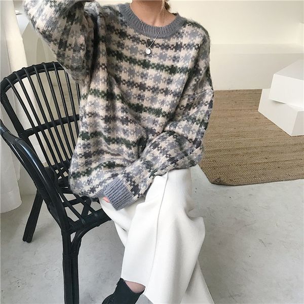 

lazy style plaid women office lady thicken fashion geometric arrival ol all match elegant knitted sweaters 210421, White;black