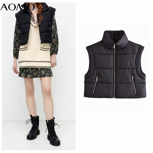 

women's vests aomo women black crop waistcoat parkas thick 2021 winter zipper pockets female warm elegant coat qn202a, Black;white