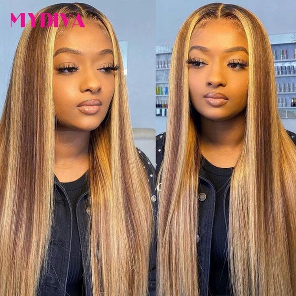 

lace wigs highlight wig brown colored human hair 13x1 ombre straight front remy mydiva, Black;brown