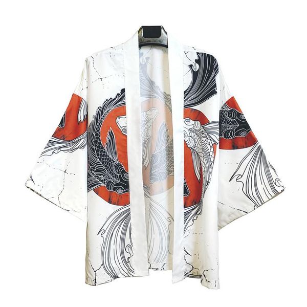 

ethnic clothing asia japanese five point sleeves kimono mens and womens cloak jacke blouse loose casual fashion plus oversized quick dry, Red