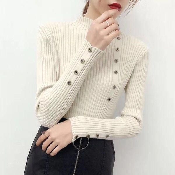 

women's sweaters 2021 women autumn knitted sweater solid female cotton soft elastic color pullovers button full sleeve turtleneck, White;black