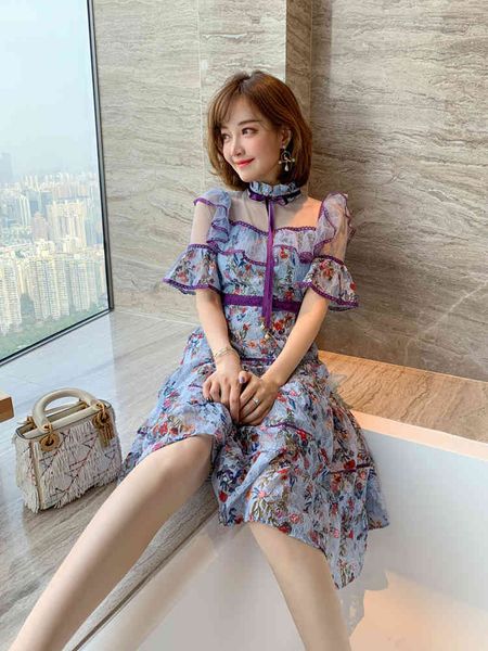 

legant stand flare sleeve floral printed women lace bow a-line female sweet princess vintage ruffles summer vestido, Black;gray