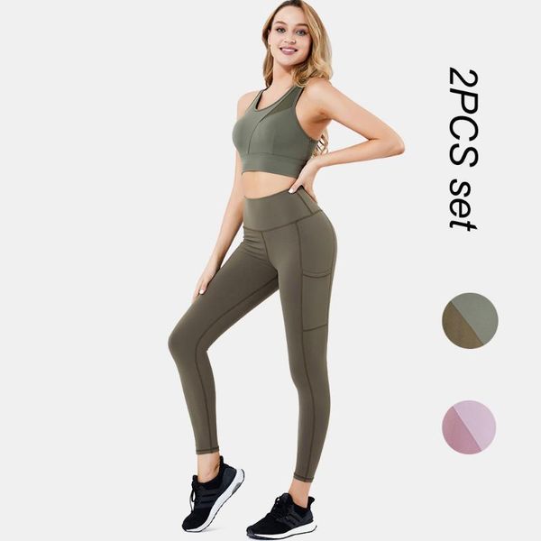 

2pcs yoga set mesh tank pocket leggings sport suit1, White;red