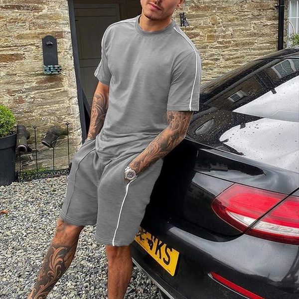 

two piece suit mens tracksuits round neck solid outdoor jogging fashion casual sports track summer sportswear shorts loose set, Gray