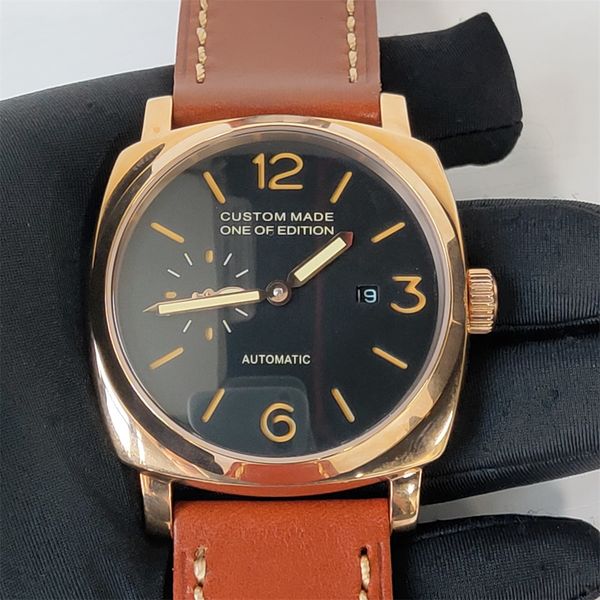 

47mmeeuw automatic mechanical watch men's wrists rvs case leather tape waterproof watches men p12, Slivery;brown