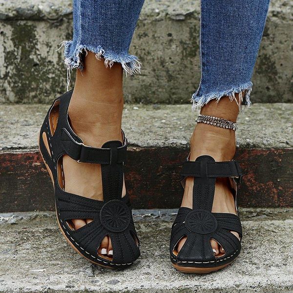 

sandals casual woman round toe ladies retro soft leather breathable women shoes 2021 summer wedge, Black