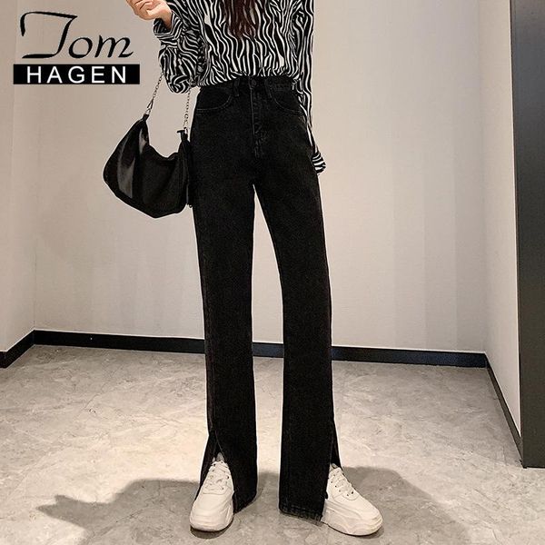 

straight jeans women 2021 high waisted denim pants plus size wide leg vintage split hem full length trousers spring summer women's, Blue