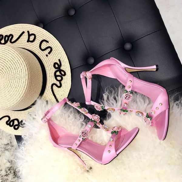 

70% off wholesale flip-flops crystal flower woman sandals rhinestone high heel genuine leather solid color shoes new luxury designer pumps, Black