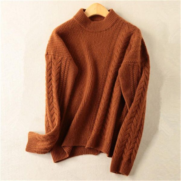 

arrival pure cashmere twisted knit women fashion half high collar loose pullover sweater solid color s-l women's sweaters, White;black