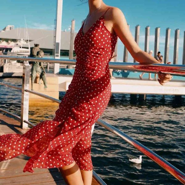 

casual red polka do dress summer women backless chiffon dress holiday boho beach ruched dress vestidos slit sundress 210415, Black;gray