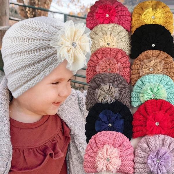 

caps & hats knitted baby turban hat lace flower born bonnet for girl solid color elastic kids infant beanies, Yellow