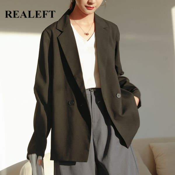 

autumn chic casual loose women's blazer double breasted long sleeve formal jacket outwear female 210428, White;black
